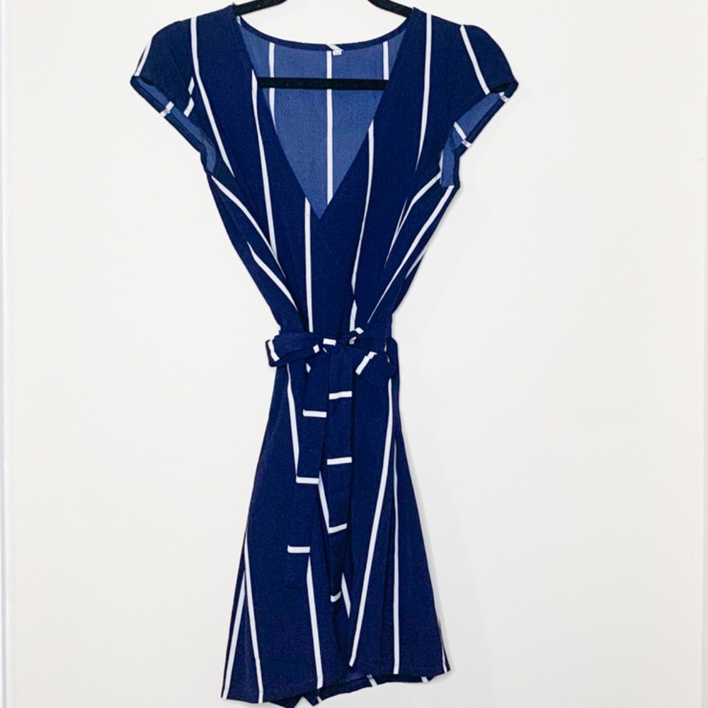 SHEIN Striped Belted Romper Navy and White